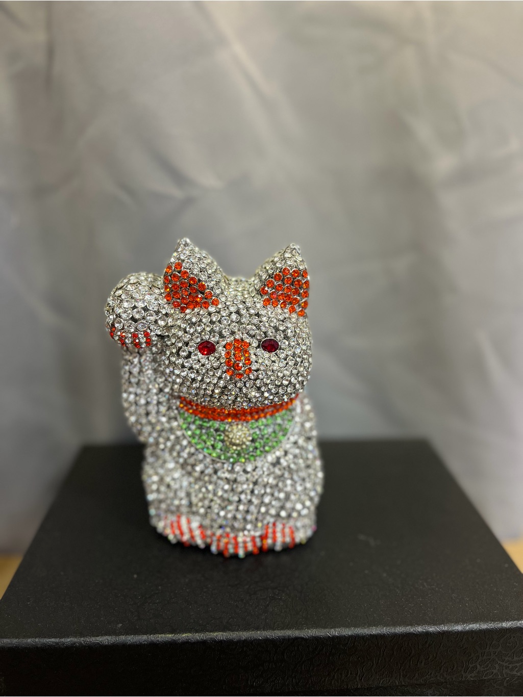 Crystal Jeweled Lucky Cat Clutch - Silver & Orange Accents